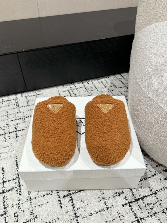 Prada Fuzzy Fleece Warm Clog Slippers Comfortable Soft Sole