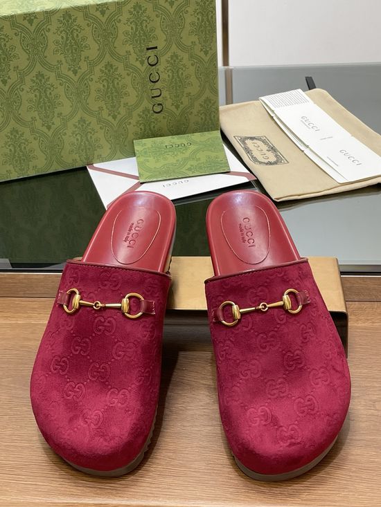 Gucci Embossed Suede Leather Lined Horsebit Platform Slippers