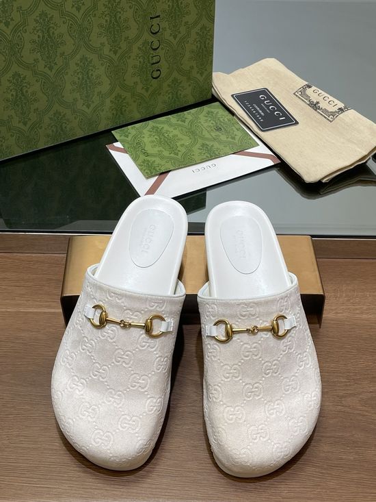 Gucci Embossed Suede Leather Lined Horsebit Platform Slippers