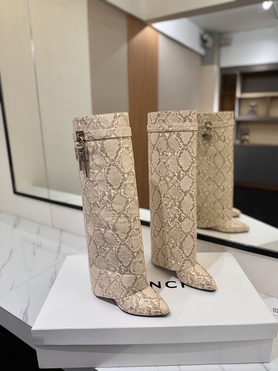 Givenchy Snake Print High Heel Tall Boots with Logo Buckle