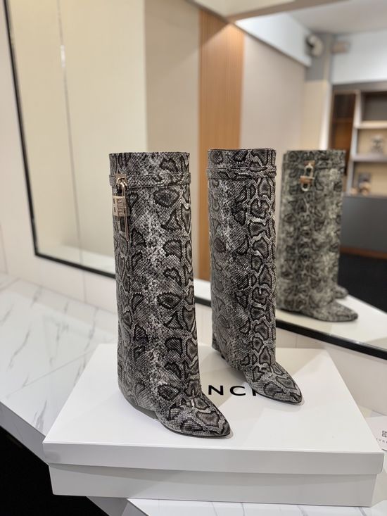 Givenchy Snake Print High Heel Tall Boots with Logo Buckle