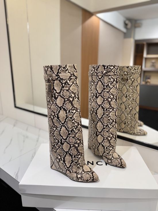 Givenchy Snake Print High Heel Tall Boots with Logo Buckle