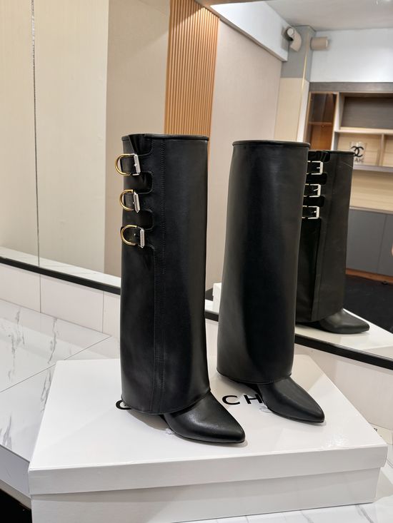 Givenchy Genuine Leather High Heel Tall Boots with Signature Buckle