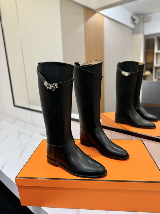 Hermes Classic Buckle Knee High Boots Premium Leather Elegant Style