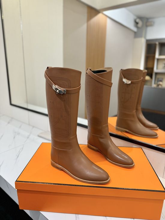 Hermes Classic Buckle Knee High Boots Premium Leather Elegant Style
