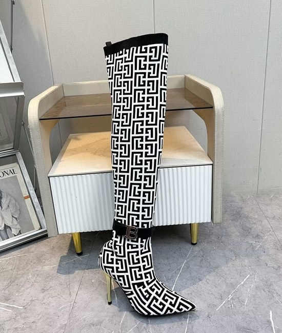 Balmain Stiletto Knee High Boots Knit Upper Sheepskin Lining