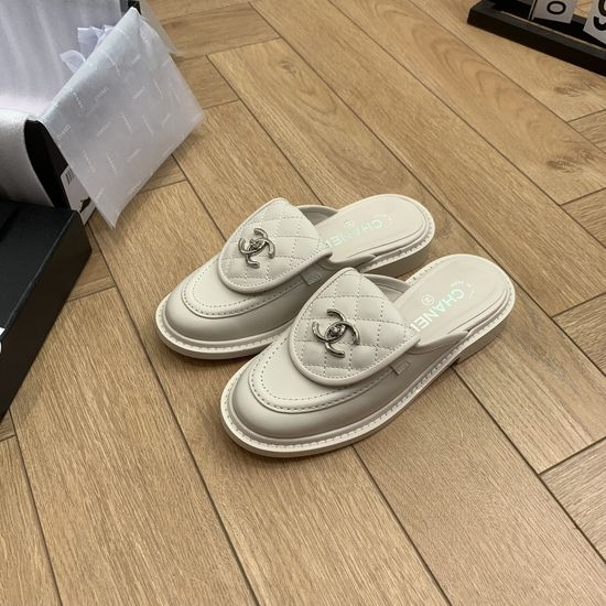 Chanel Elegant Embroidered Buckle Leather Slip On Slides