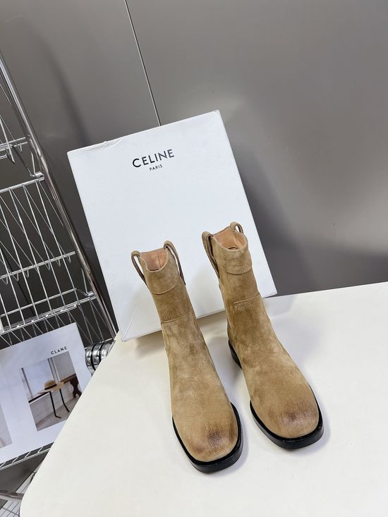 Celine Suede Western Ankle Boots with Low Heel