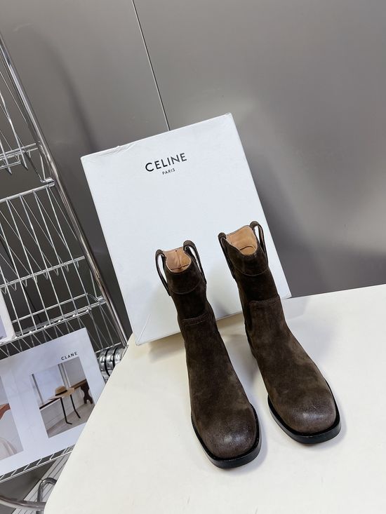 Celine Suede Western Ankle Boots with Low Heel