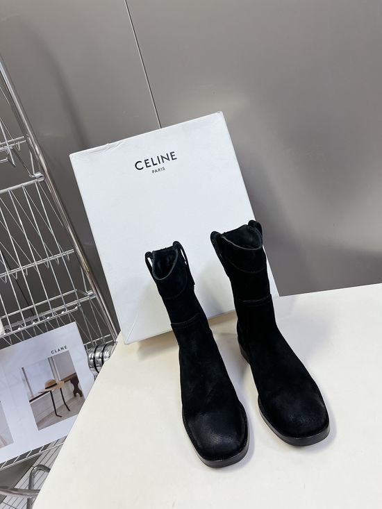 Celine Suede Western Ankle Boots with Low Heel