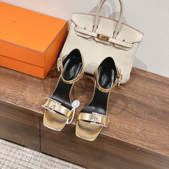 Hermes High Heel Sandals with Decorative Buckle Soft Leather Sole