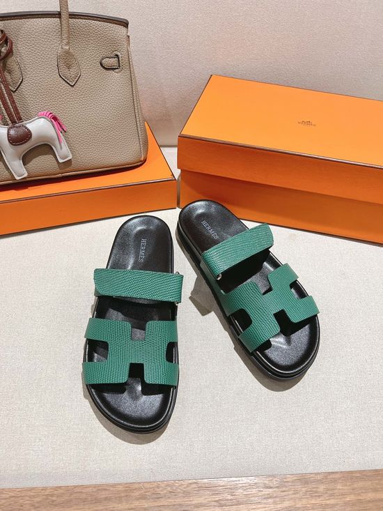 Hermes Lizard Pattern Comfort Open Toe Slide Sandals