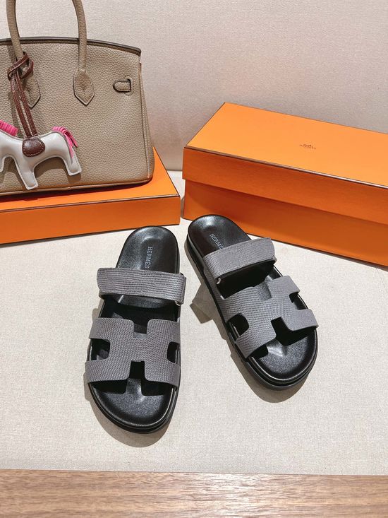 Hermes Lizard Pattern Comfort Open Toe Slide Sandals