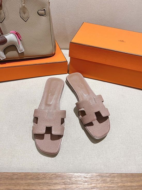 Hermes Lizard Print Cowhide Slide Sandals With Matching Silk Scarves