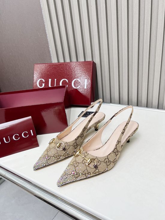 Gucci Embellished Patterned Denim High Heel Dress Shoes