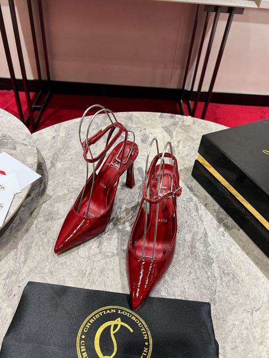 Christian Louboutine Patent Leather Pointed Toe Curved Heel Strap High Heels