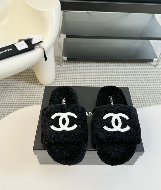 Chanel Classic Fluffy Wool Slippers with Double C Logo