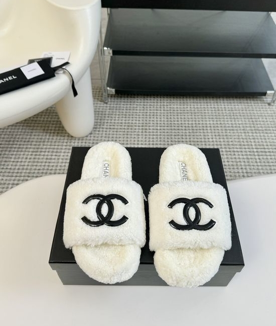 Chanel Classic Fluffy Wool Slippers with Double C Logo