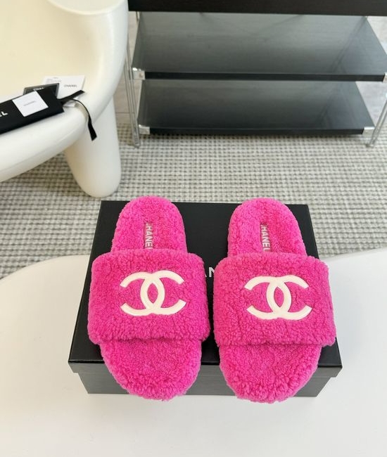 Chanel Classic Fluffy Wool Slippers with Double C Logo