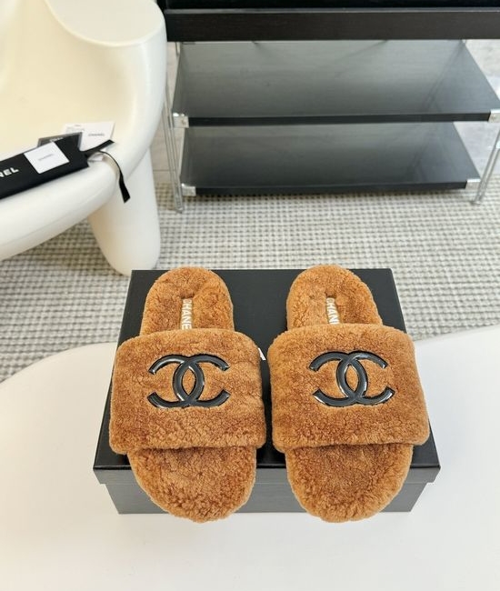 Chanel Classic Fluffy Wool Slippers with Double C Logo
