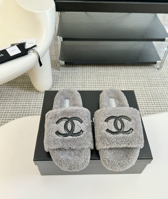 Chanel Classic Fluffy Wool Slippers with Double C Logo