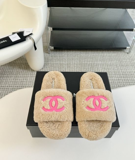 Chanel Classic Fluffy Wool Slippers with Double C Logo