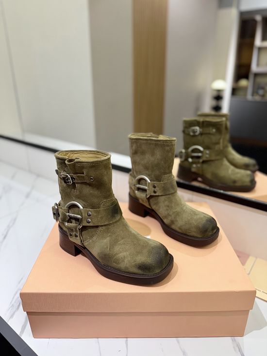 Miu Miu Distressed Leather Slip-Resistant Biker Boots