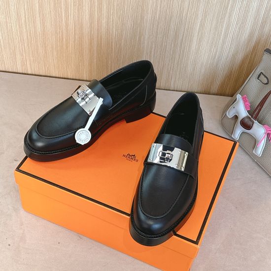 Hermes Classic Leather Loafers with Metal Lock Accent