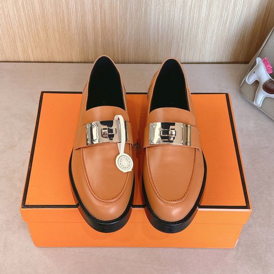 Hermes Classic Leather Loafers with Metal Lock Accent