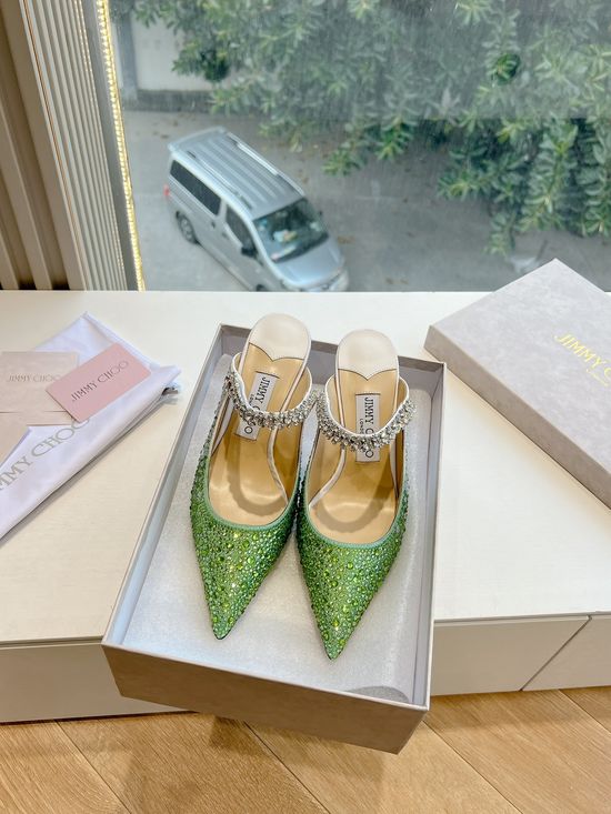Jimmy Choo Rhinestone Decor Pointed Toe Chunky Heel Elegant Pumps