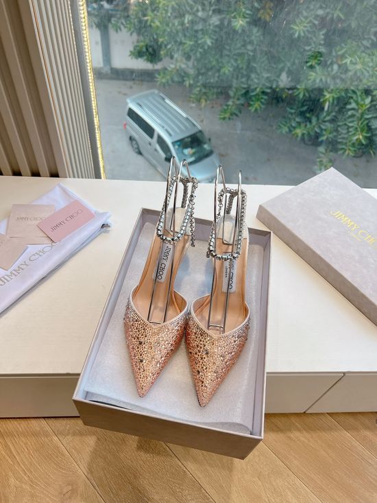Jimmy Choo Rhinestone Decor Pointed Toe Chunky Heel Elegant Pumps