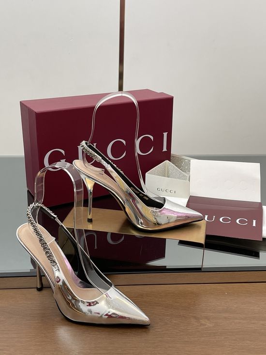 Gucci Metallic Leather Pointed Toe Chain Decor Heeled Sandals
