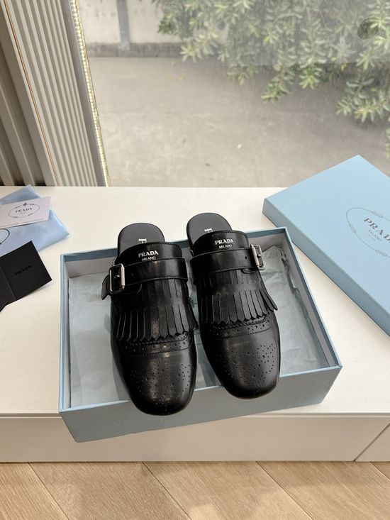 Prada Waxed Leather Tassel Thick Sole Casual Daily Slides