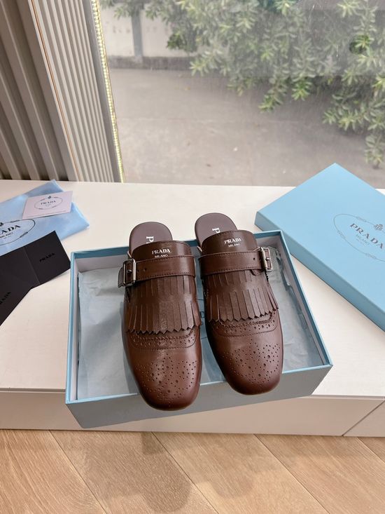 Prada Waxed Leather Tassel Thick Sole Casual Daily Slides