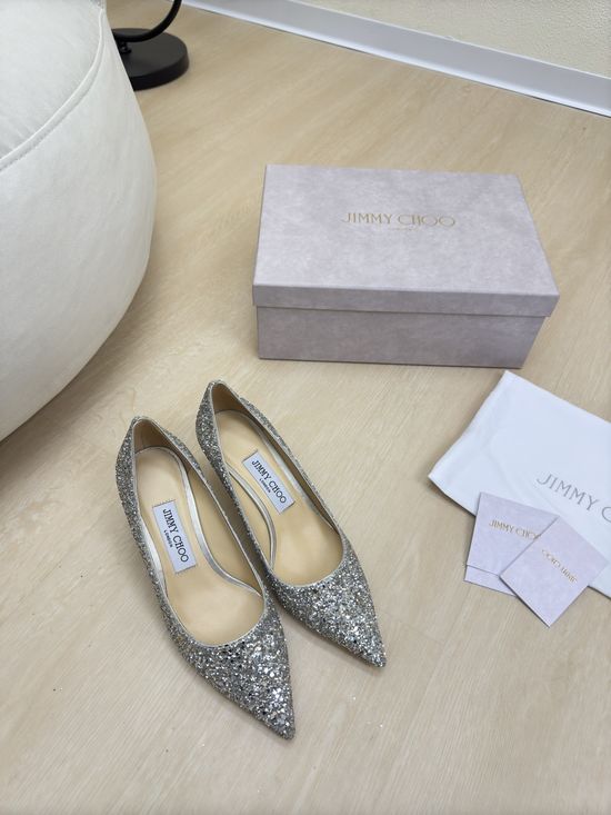Jimmy Choo Silver Sequin High Heel Pumps with Leather Sole