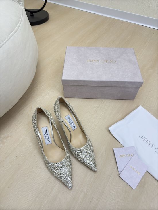 Jimmy Choo Light Gold Sequin High Heel Pumps Sheepskin Lining