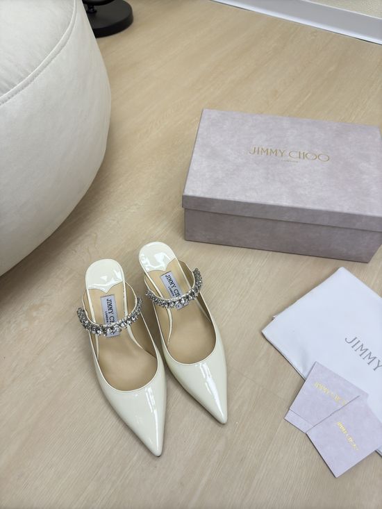 Jimmy Choo Cream Patent Leather Rhinestone Mary Jane Heeled Mules