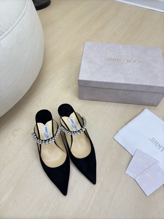 Jimmy Choo Suede Pointed Toe Rhinestone Mules Premium Comfort Sole