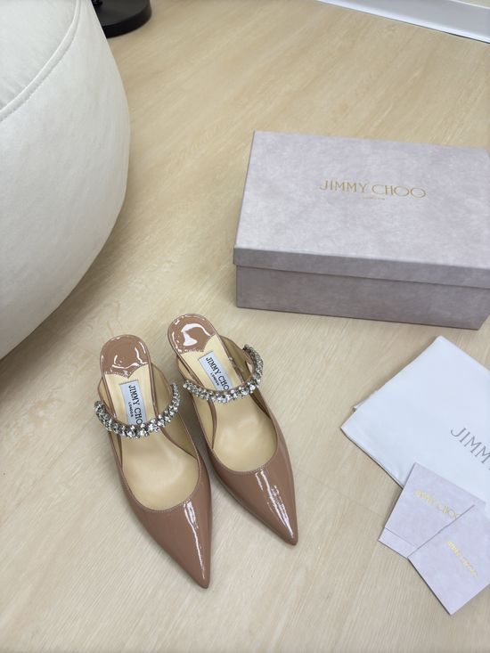 Jimmy Choo Beige Patent Leather Rhinestone Mary Jane Heeled Mules