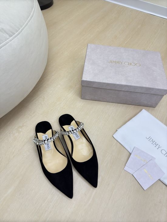 Jimmy Choo Suede Pointed Toe Rhinestone Mary Jane Flat Slippers