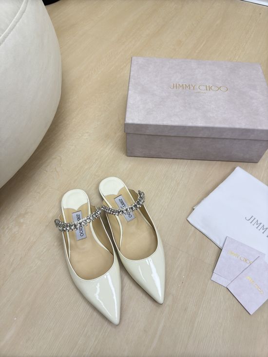 Jimmy Choo Cream Patent Leather Pointed Toe Flat Mules Crystal Detail