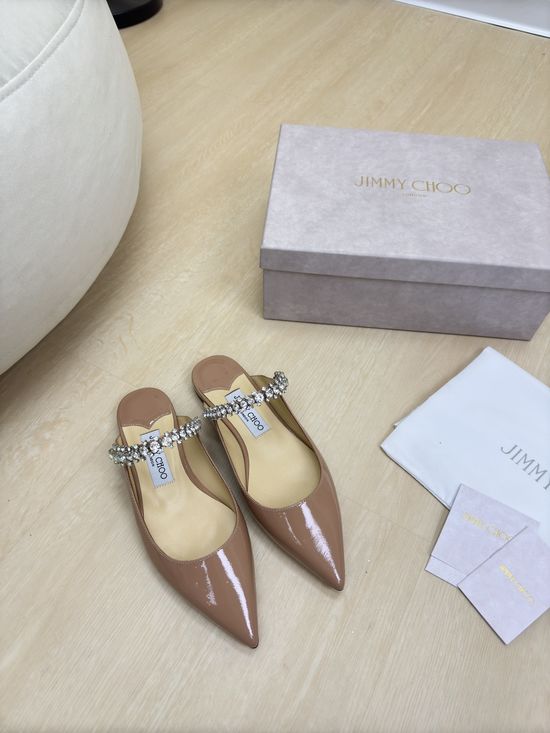 Jimmy Choo Beige Patent Leather Pointed Toe Flat Mules Crystal Chain
