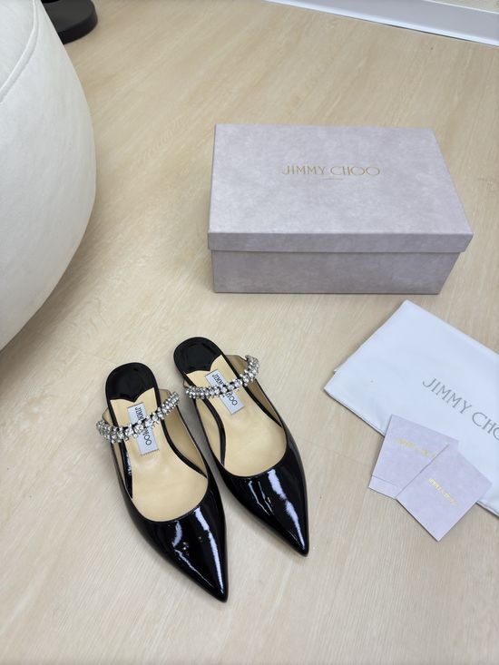 Jimmy Choo Patent Leather Pointed Toe Rhinestone Mary Jane Flat Slippers