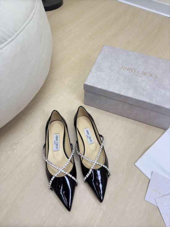 Jimmy Choo Patent Leather Pointed Toe Rhinestone Mary Jane Flats Premium Sole