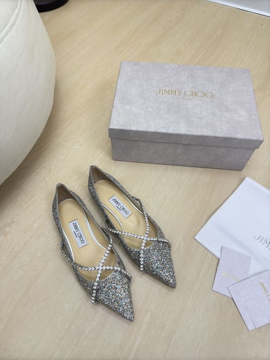 Jimmy Choo Sequin Pointed Toe Rhinestone Mary Jane Flats Premium Sole