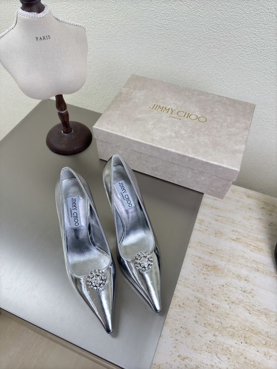 Jimmy Choo Silver Leather Rhinestone Embellished Pointed Toe Heels