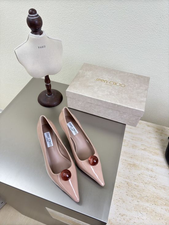Jimmy Choo Pink Patent Leather Pointed Toe Pumps with Crystal Logo