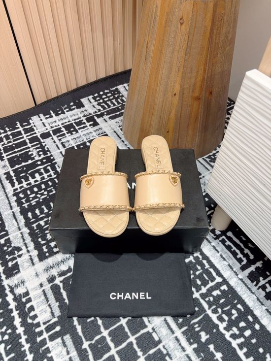 Chanel Lambskin Slide Sandals with Chain Accent Leather Sole