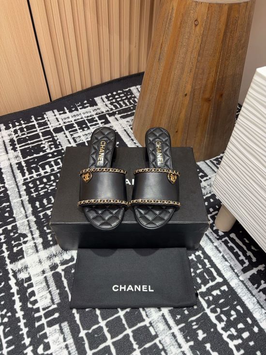 Chanel Lambskin Slide Sandals with Chain Accent Leather Sole