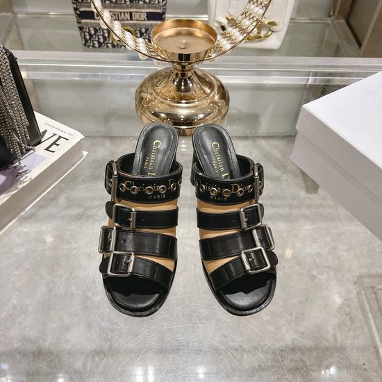 Christian Dior Color Block Chunky Heel Peep Toe Slide Sandals with Buckle